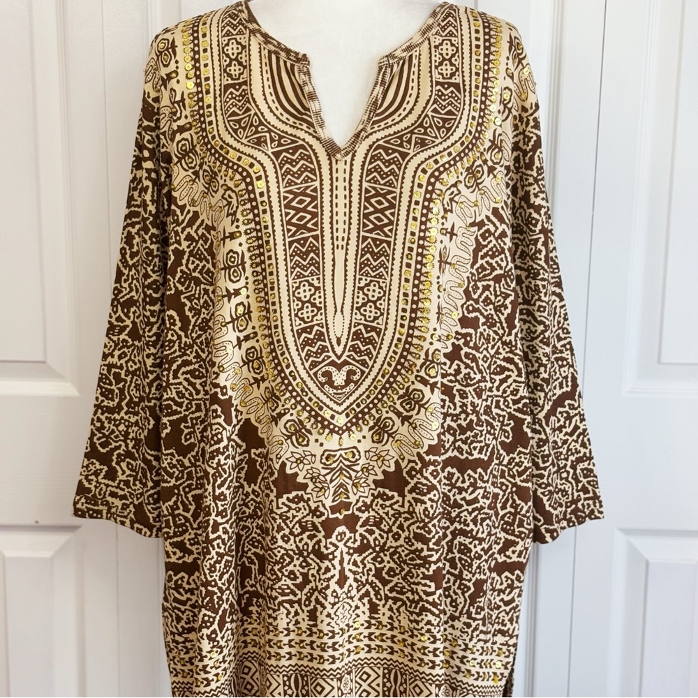 NWT Take Two Boho Brown Gold Sequin Beaded 3/4 Sleeve Top 3X